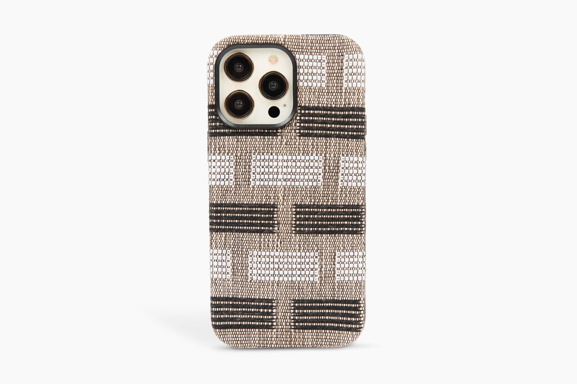 Benin Bands handwoven case in brown with black and white accents on a white background, compatible with iPhone 12/13/14 Pro Max.