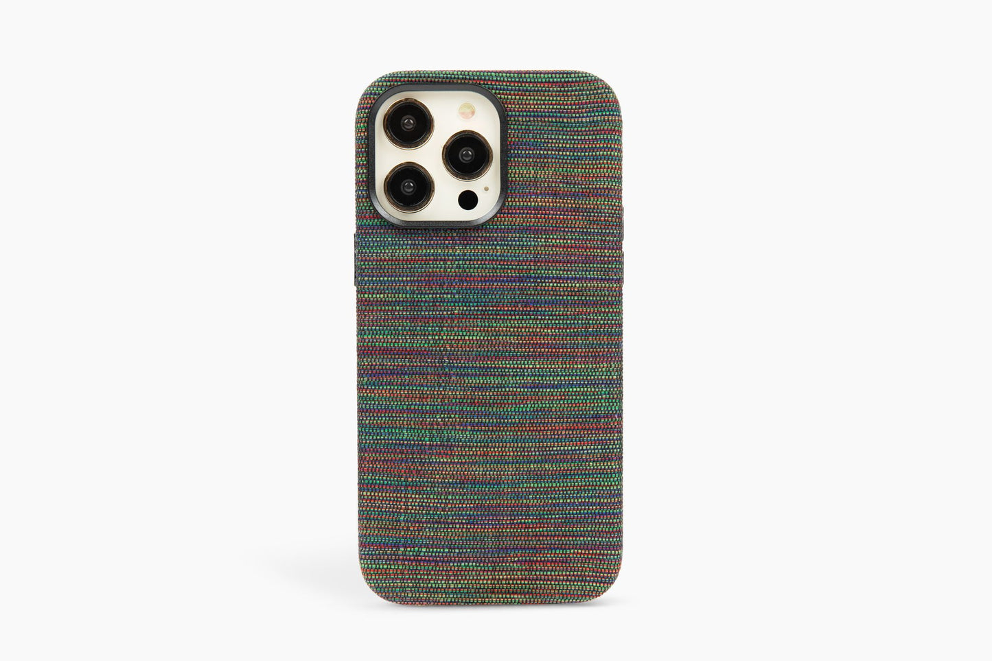 Elegant and vibrant Kente-inspired multicolored phone case against a white backdrop, suitable for iPhone 12, 13, and 14 Pro Max, embodies a fusion of culture and sophistication.