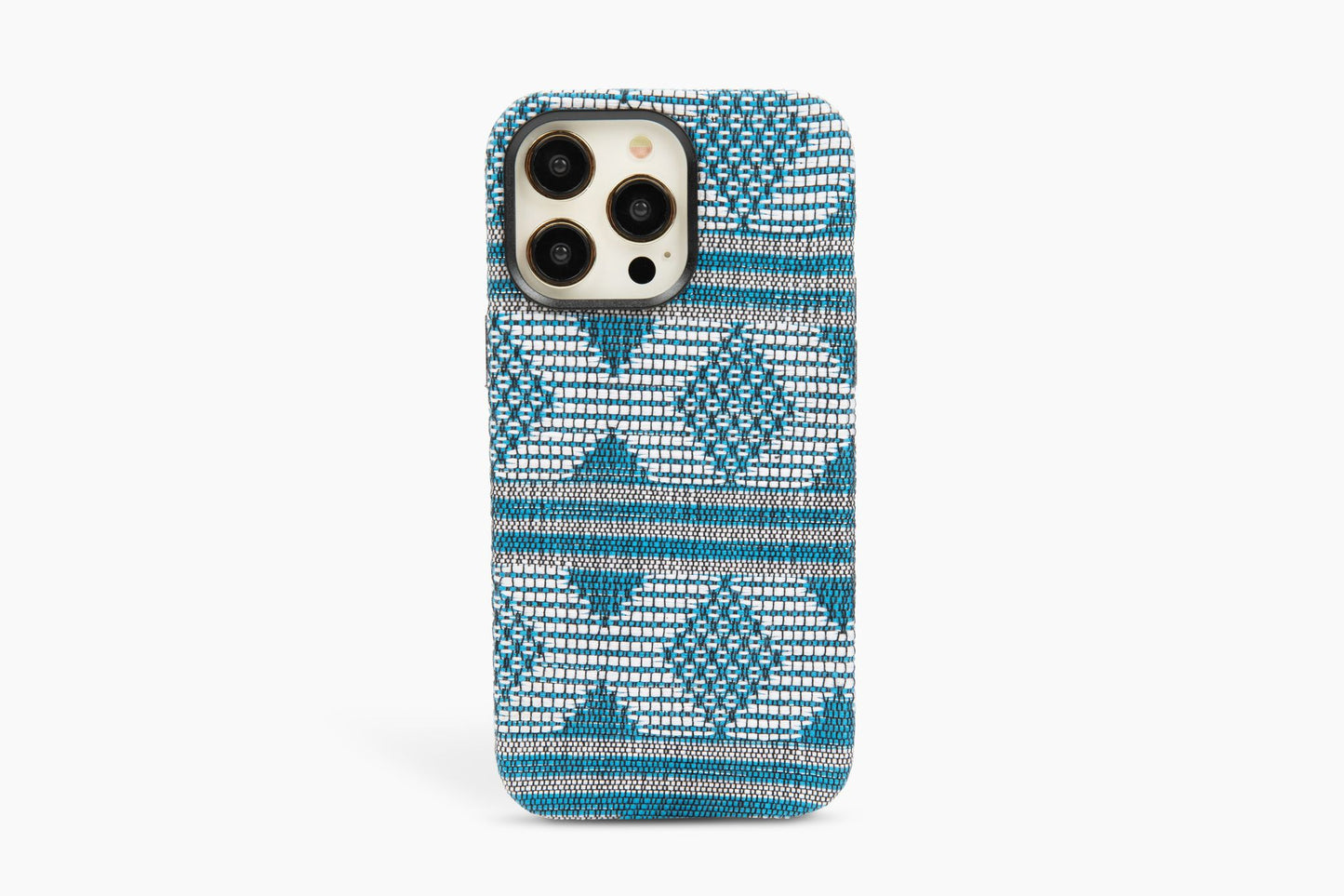 Bold and majestic patterned phone case on a white background, designed for iPhone 12, 13, and 14 Pro Max, showcases striking blue and white patterns that captivate and charm.