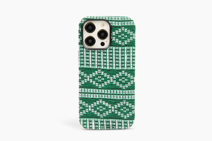 Vibrant green phone case featuring intricate West African rainforest patterns on a white background, designed for iPhone 12, 13, and 14 Pro Max, embodies the essence of nature's artistry.
