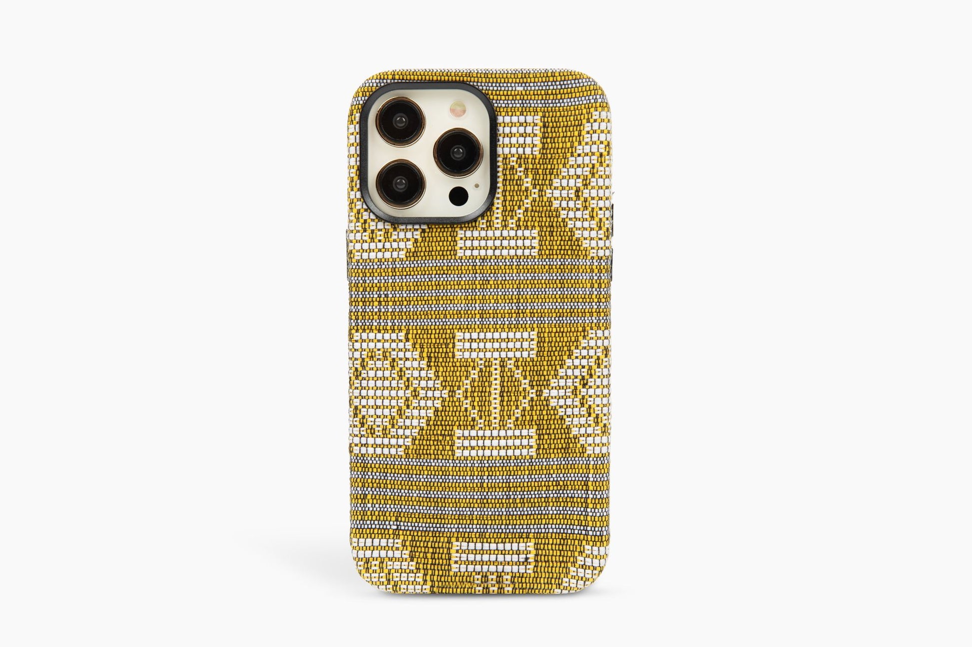 Elegant phone case featuring golden savanna patterns on a white background, designed for iPhone 12, 13, and 14 Pro Max, encapsulating the vast beauty of African landscapes