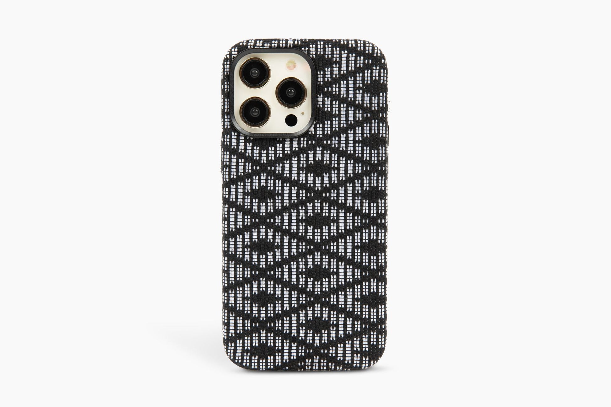 Classic phone case featuring black and white zigzag patterns on a white background, designed for iPhone 12, 13, and 14 Pro Max, perfect for adding a touch of timeless elegance.